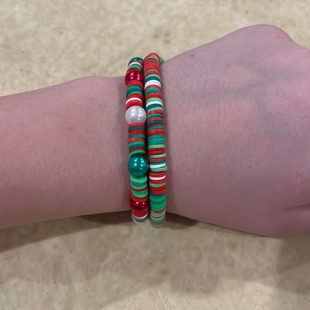 Mixed match green and red Christmas clay bead bracelets adjustable sizing